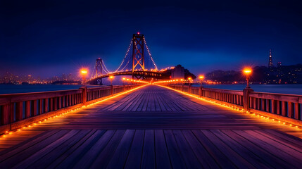 Obraz premium Night pier view illuminated bridge cityscape background travel photography