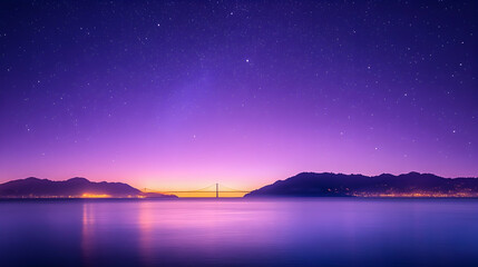 Night sky over bridge, city lights reflected in calm water, majestic mountains; travel, landscape photography