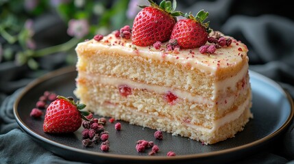 Strawberry cake slice, floral background, dessert plate