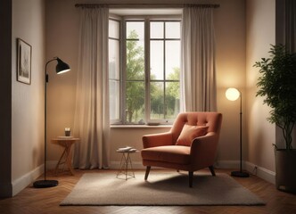 Cozy reading nook with armchair and floor lamp by the window, comfortable, modern, floor lamp