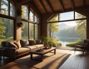 Fototapeta premium Cozy living room inside a wooden cabin overlooking a peaceful lake and forest , living, lake, room