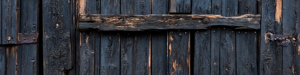 Weathered Dark Wood Door with Horizontal Beam and Metal Fasteners
