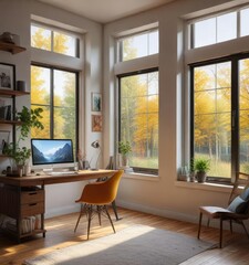 Fototapeta premium Cozy home office with large windows and plenty of natural light, bright colors, large windows