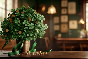 Hyper-Realistic Irish Pub Decor Saint Patricks Day Shamrock Tree with Gold Accents - Vintage Aesthetic for Seasonal Retail and Hospitality Marketing