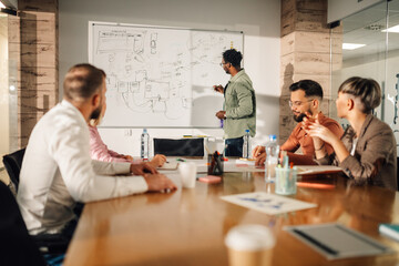 Marketing team brainstorming during meeting in the office