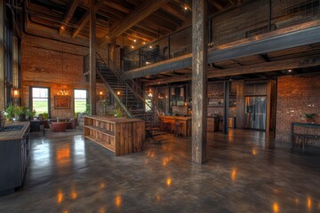 Fototapeta premium A rustic-industrial interior with warm wood accents, raw brick walls, and an open airy layout