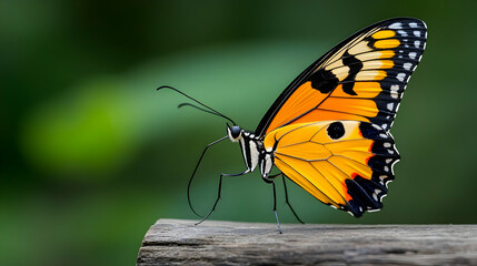 Obraz premium Orange butterfly perched on wood, blurred green background; nature photography for websites, prints