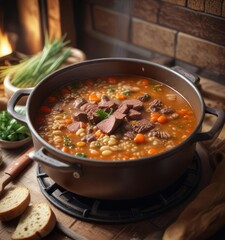 Cozy atmosphere with a large pot of simmering beef and barley soup on the stovetop, warm, kitchen, peaceful
