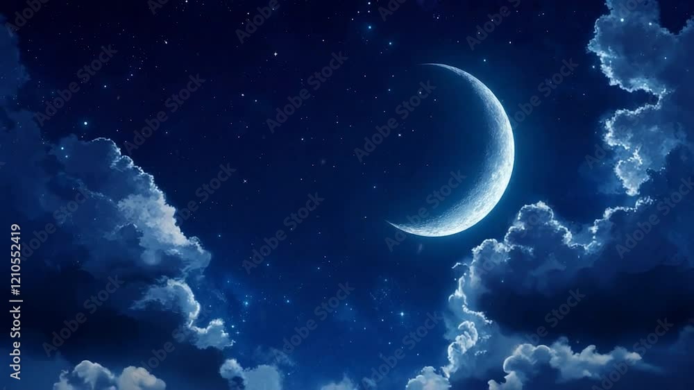 Aufkleber a serene night sky featuring a glowing crescent moon surrounded by twinkling stars and soft clouds, 