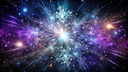 Obraz premium Cosmic explosion of stardust and debris in shades of black, purple, and silver, set against a dark and starry background, purplenebula, nuclearfusion, stardust, silverlight, galacticdebris