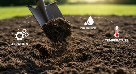 Precision farming and soil improvement featuring spade with focus on nutrient enrichment, temperature control, and aeration for enhanced crop growth and sustainable agricultural innovation