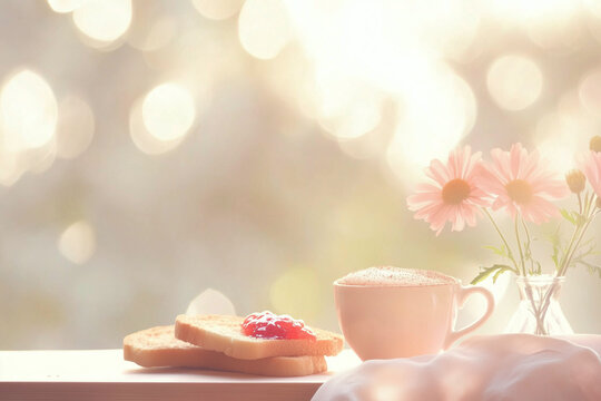 Cozy morning breakfast with cappuccino and toast with jam, bathed in soft sunlight. Warm, dreamy atmosphere with flowers and rustic details. Perfect for lifestyle, food blogs, and cafe branding.