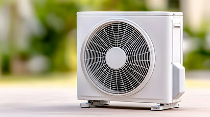 Outdoor air conditioner unit on patio, green background, home cooling system