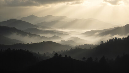 A captivating view of mountains bathed in a warm, ethereal light, casting a mystical atmosphere