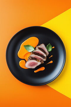 Duck breast cooked  in a minimalist style on two-colored background creates a striking contrast. The orange sauce adds a splash of color. Modern visual dish