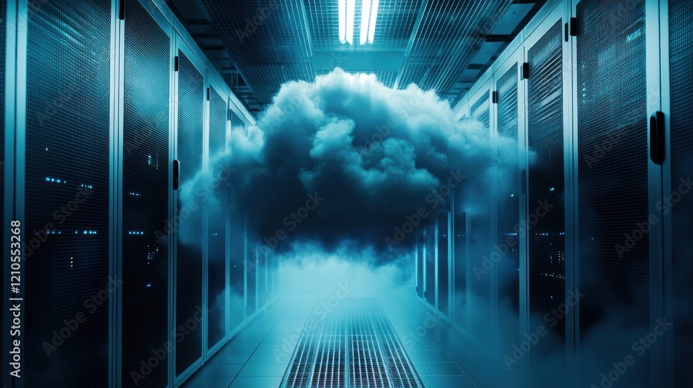 Poster cloud computing action releasing over data center high-tech environment futuristic view