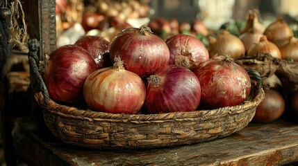 Fresh red onions in rustic basket at market stall