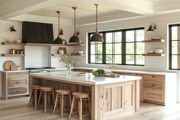 Fototapeta premium A Scandinavian-inspired kitchen with natural wood tones, minimalist lighting, and simple elegance