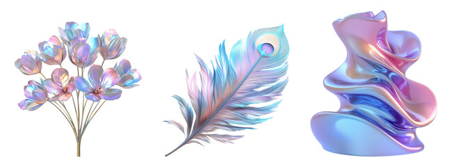 Iridescent floral arrangement, feather, and abstract shape on clear backdrop