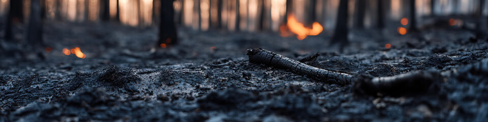 Charred Forest Floor with Burning Trees in Background