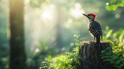 Fototapeta premium Woodpecker perched on stump forest nature photography serene environment close-up view
