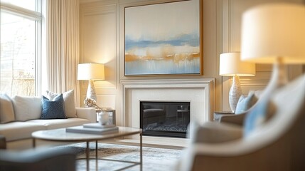 Serene Living Room Interior Design with Abstract Art and Fireplace