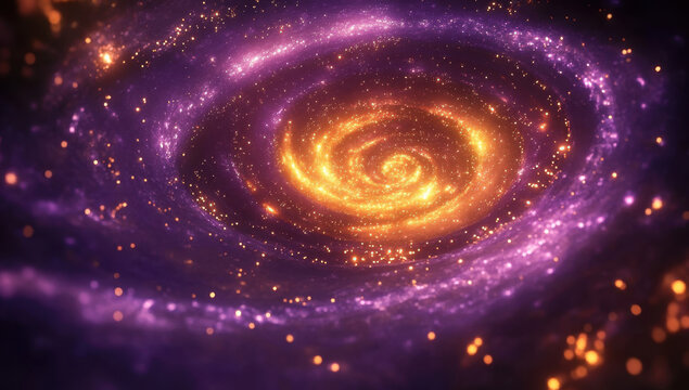 Glowing galaxy spiral effect. Spiral abstract infinity pattern created from golden and purple shiny particles. Dynamic cosmic time travel vortex motion graphics. Spiraling hypnotic astrology