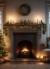 Fireplace with Christmas tree and festive garlands draped around, garlands, fireplace, wood burning stove