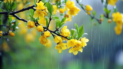 Raindrops on yellow blossom branch nature scene outdoor tranquil environment close-up view