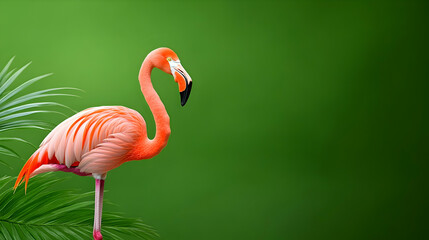 Obraz premium Pink flamingo standing amidst tropical foliage against a green background. Perfect for travel brochures or nature documentaries