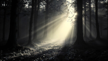 Naklejka premium sunlight streams through the trees in a mysterious forest, creating a magical and enchanting atmosphere. The image evokes a sense of wonder and serenity
