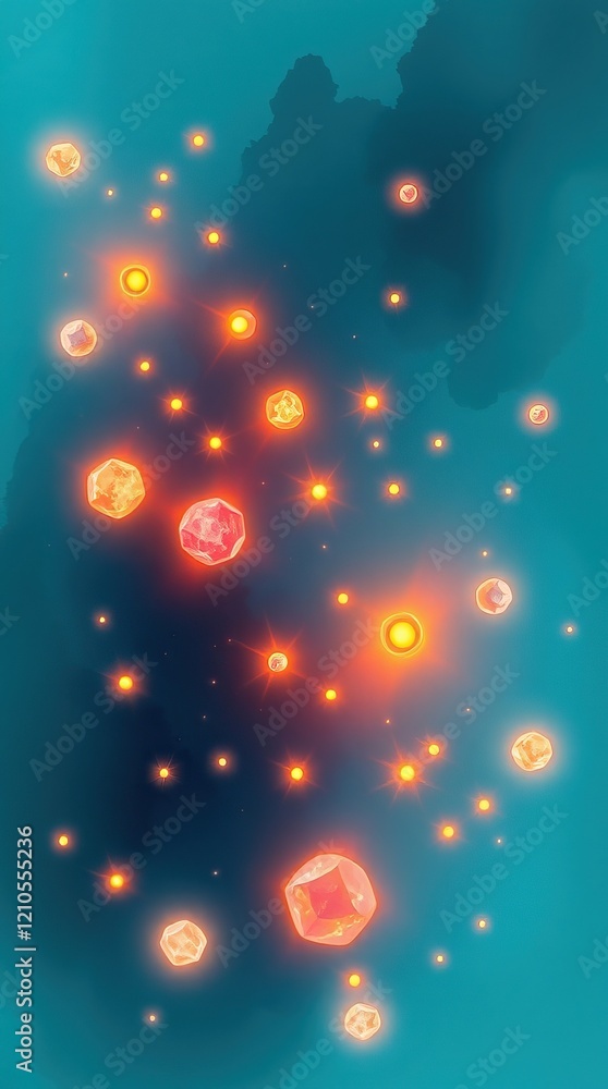 Poster a vibrant array of glowing orbs and crystals emerges against a backdrop of calming turquoise, evokin