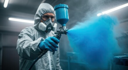 Male technician in protective gear operating blue paint sprayer in industrial setting