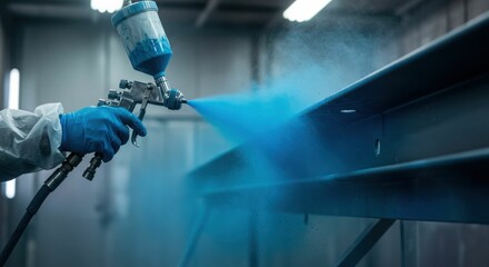 Industrial worker using blue paint spray gun in factory setting