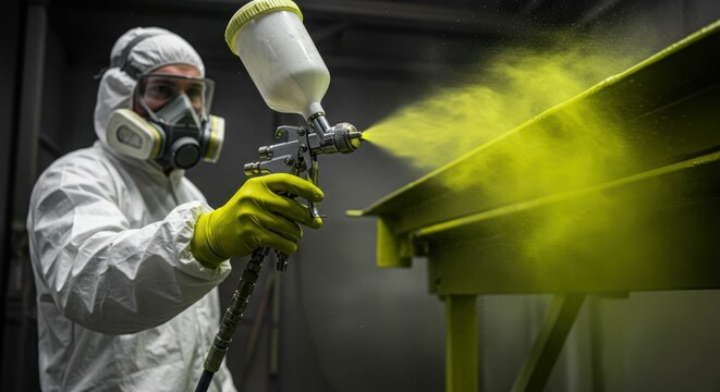 Adult male in protective gear performing industrial spray painting with yellow powder