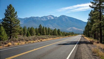 Empty stretch of asphalt road running parallel to a mountain range with a clear blue sky above and pine trees in the foreground, peaceful scene, empty highway, mountain view, scenic beauty