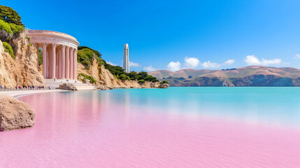 Fototapeta premium Pink lake coastal monument, turquoise water, clear sky, background mountains, travel postcard