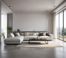 Empty and sleek living area with a focus on modern minimalism, gray walls, spare furniture, contemporary style