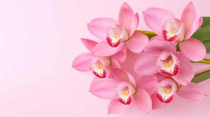 Pink orchid bouquet on pink background; ideal for greeting cards or websites