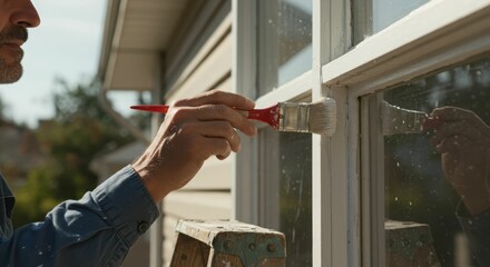 Young caucasian male painting window frame with red paintbrush outdoors