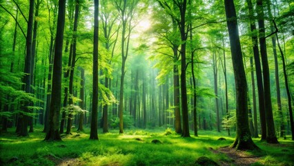 Obraz premium Emerald forest landscape with tall trees and lush green foliage, nature scene, earthy tones