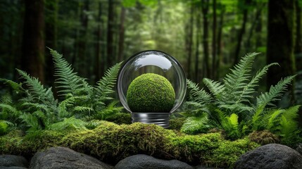 A moss-covered sphere is nestled within a glass globe, encircled by vibrant ferns and smooth rocks in a thriving green forest