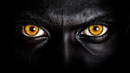 Intriguing close-up of striking golden eyes set against dark skin texture with mesmerizing detail