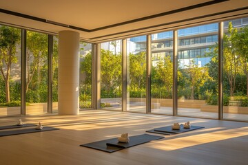 Fototapeta premium A tranquil yoga studio within a luxury condominium, with floor-to-ceiling windows framing a serene outdoor view