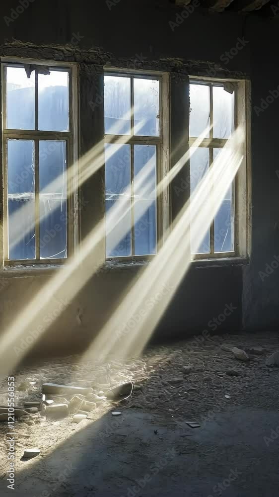 Poster light beams streaming through dusty windows in an abandoned building during the day