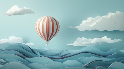 Obraz premium Paper hot air balloon floats over stylized ocean