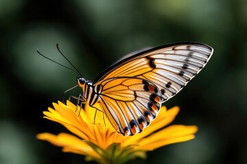 Obraz premium close-up of butterfly resting on bright yellow flower with blurred greenery in background under soft light