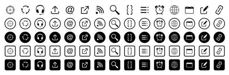 Web icon set. Target; headphones; arrow; email; internet; wi-fi; magnifying glass; brackets; menu; globe;  Vector illustration