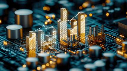 Futuristic digital cityscape with data graph overlay on circuit board