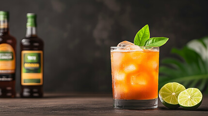 Fototapeta premium Refreshing rum cocktail with ice and lime, tropical leaves background, perfect for summer drinks menu
